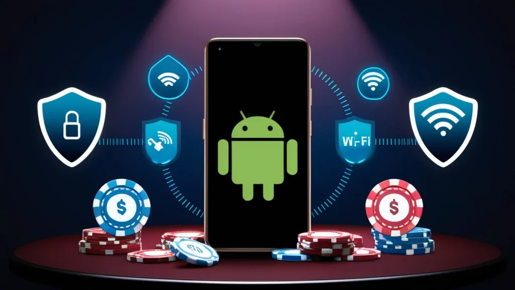 Android-Smartphone mit Sicherheitsicons und Casino-Chips