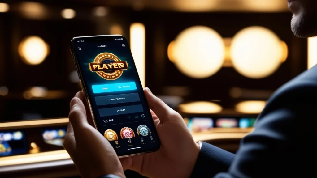 Person spielt unterwegs auf einem leuchtenden Smartphone in der Casino-Lounge