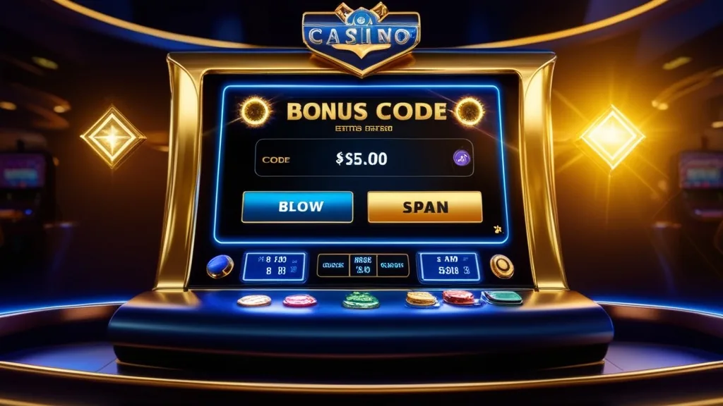 Casino-Bildschirm mit Bonuscode-Feld neben einem Spielautomaten