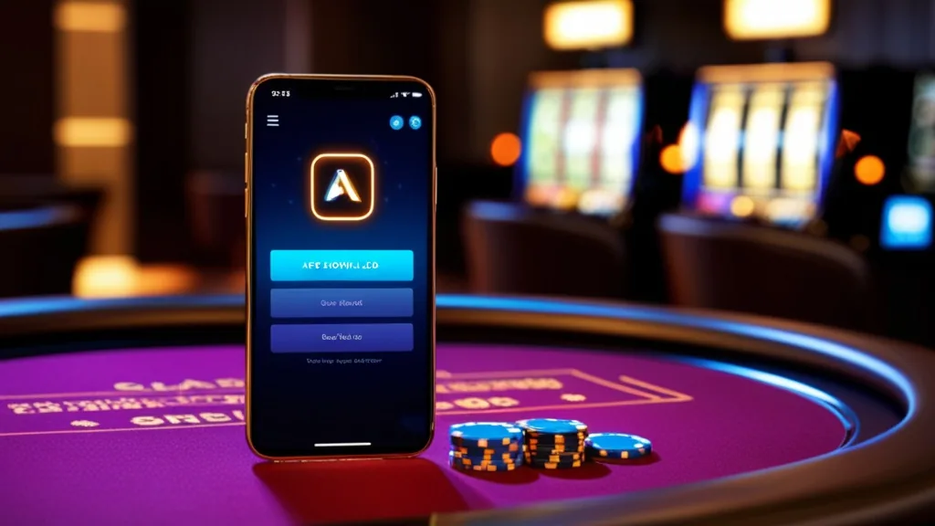 Smartphone mit Download-Screen in einer dunklen Casino-Lounge