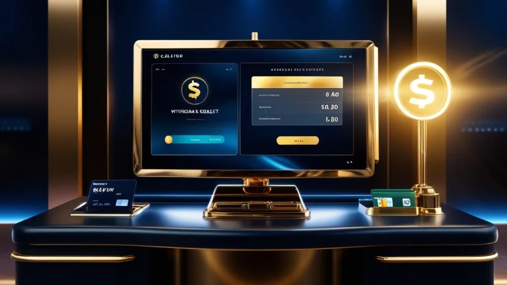 Auszahlungsstatus am Casino-Schalter mit Bildschirm und Zahlungs-Symbolen