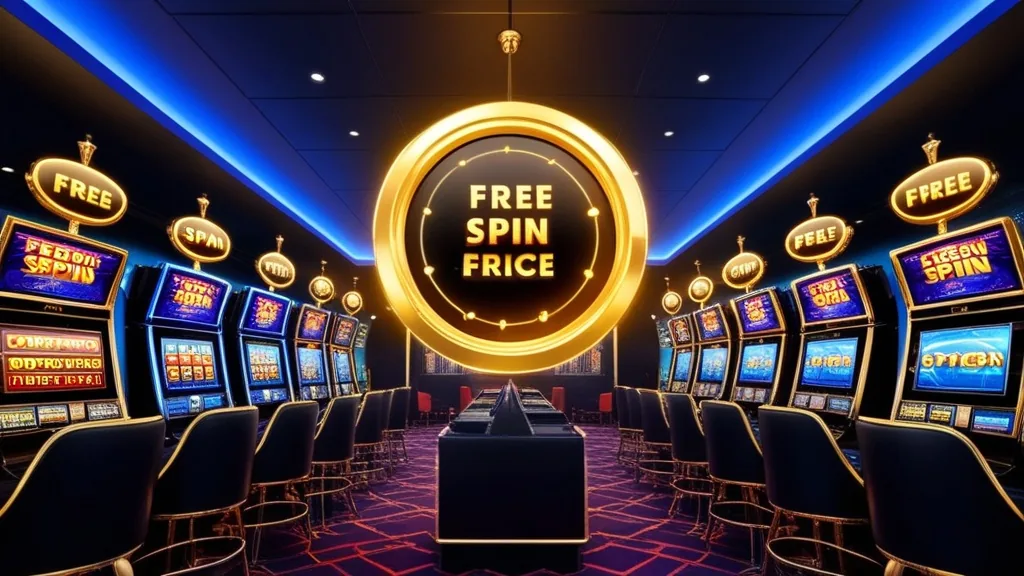 Freispiele-Symbole über ausgewählten Spielautomaten im dunklen Casino