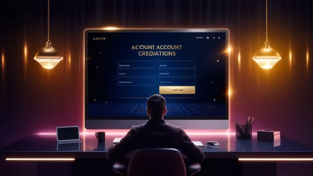 Kontoeröffnung im dunklen Casino-Setting mit Login-Daten